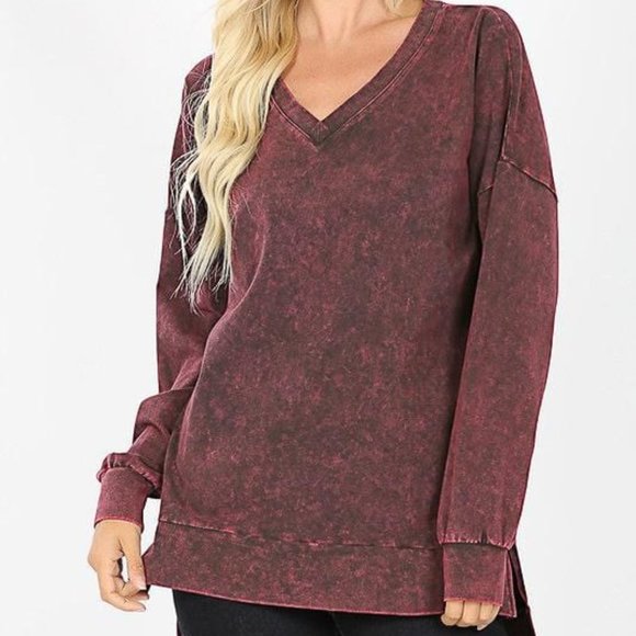 NEW!!  Dark Burgundy Mineral Wash Tunic with a High-Low Hem - Picture 1 of 2